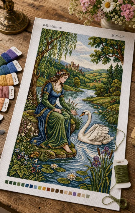 Frau mit Schwan in Landschaftsbild