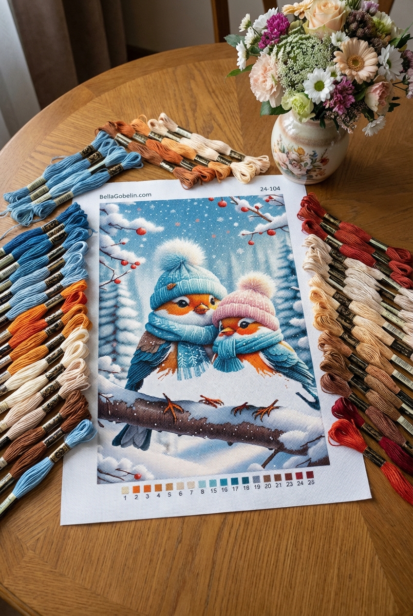 Kleine Vögel im Schal und mit Mütze