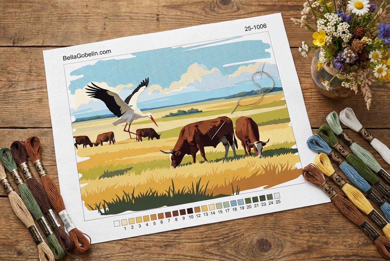 Ungarische Landschaft mit Storch und Rindern