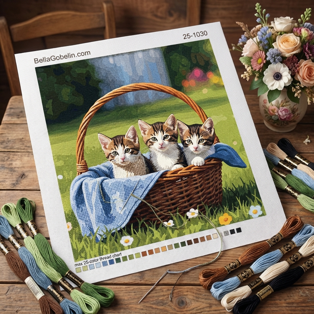 Katzen im Korb mit Gobelin-Stickerei