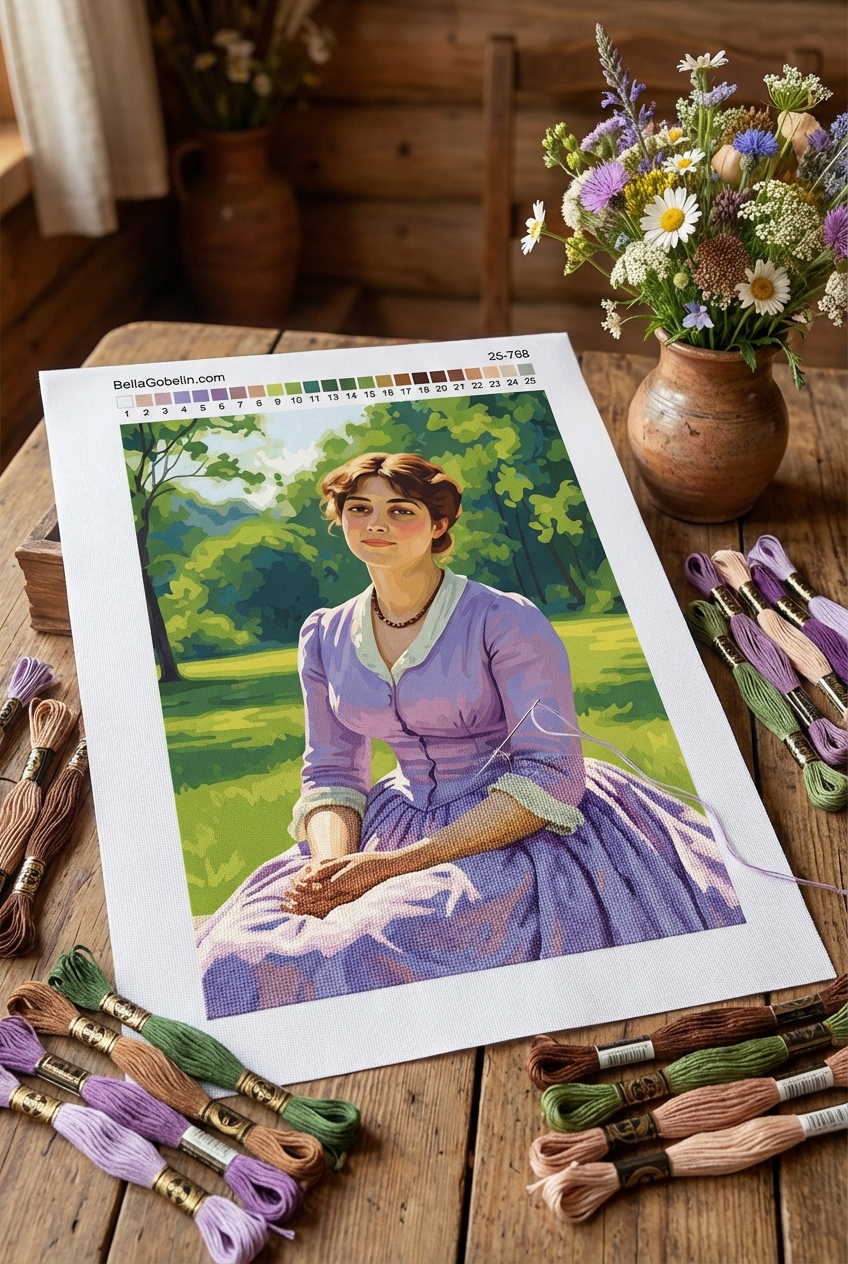 Moderne Frau in Lillakleid