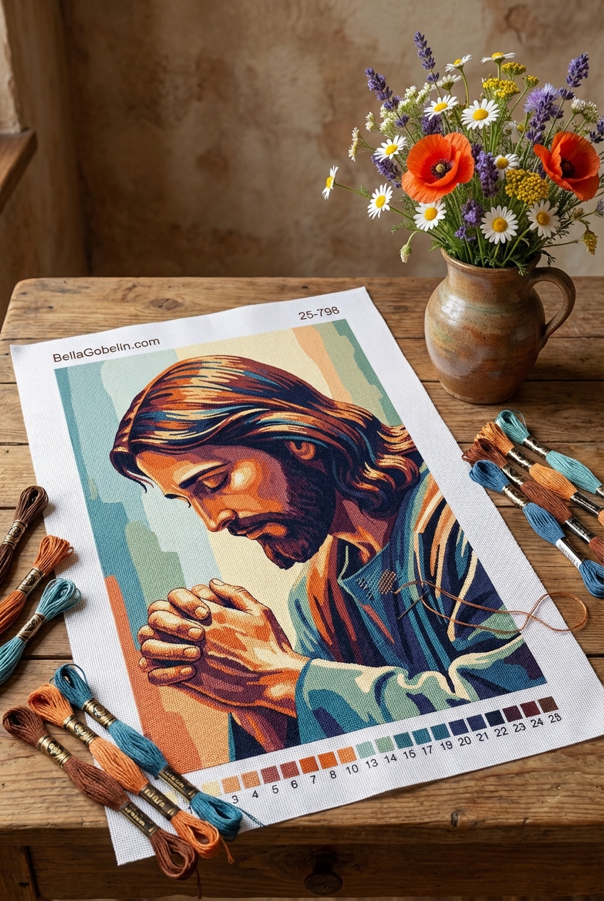 Beim Gobelin-Häkeln mit Jesus