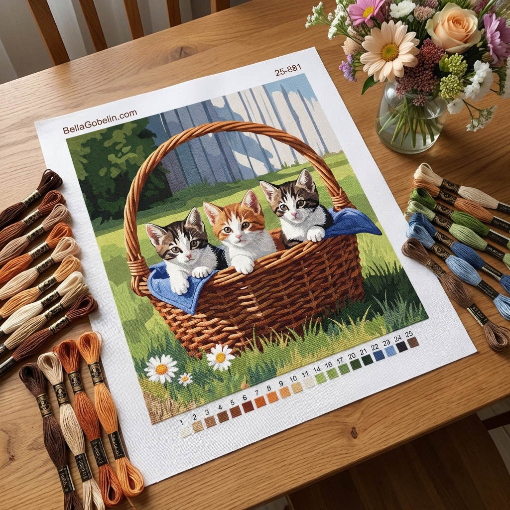 Katzen im Korb mit Gobelin-Stickerei