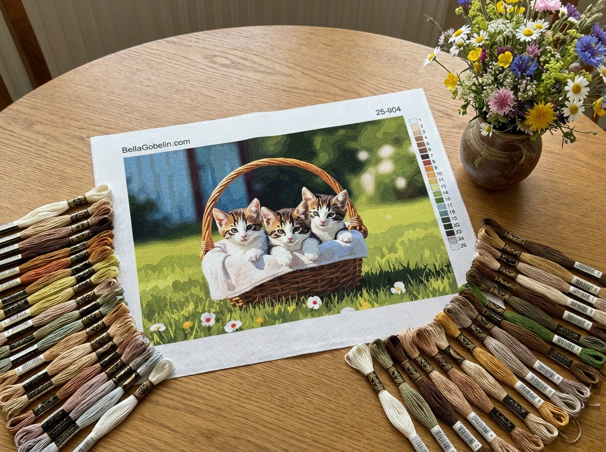 Katzen im Korb mit Gobelin-Stickerei