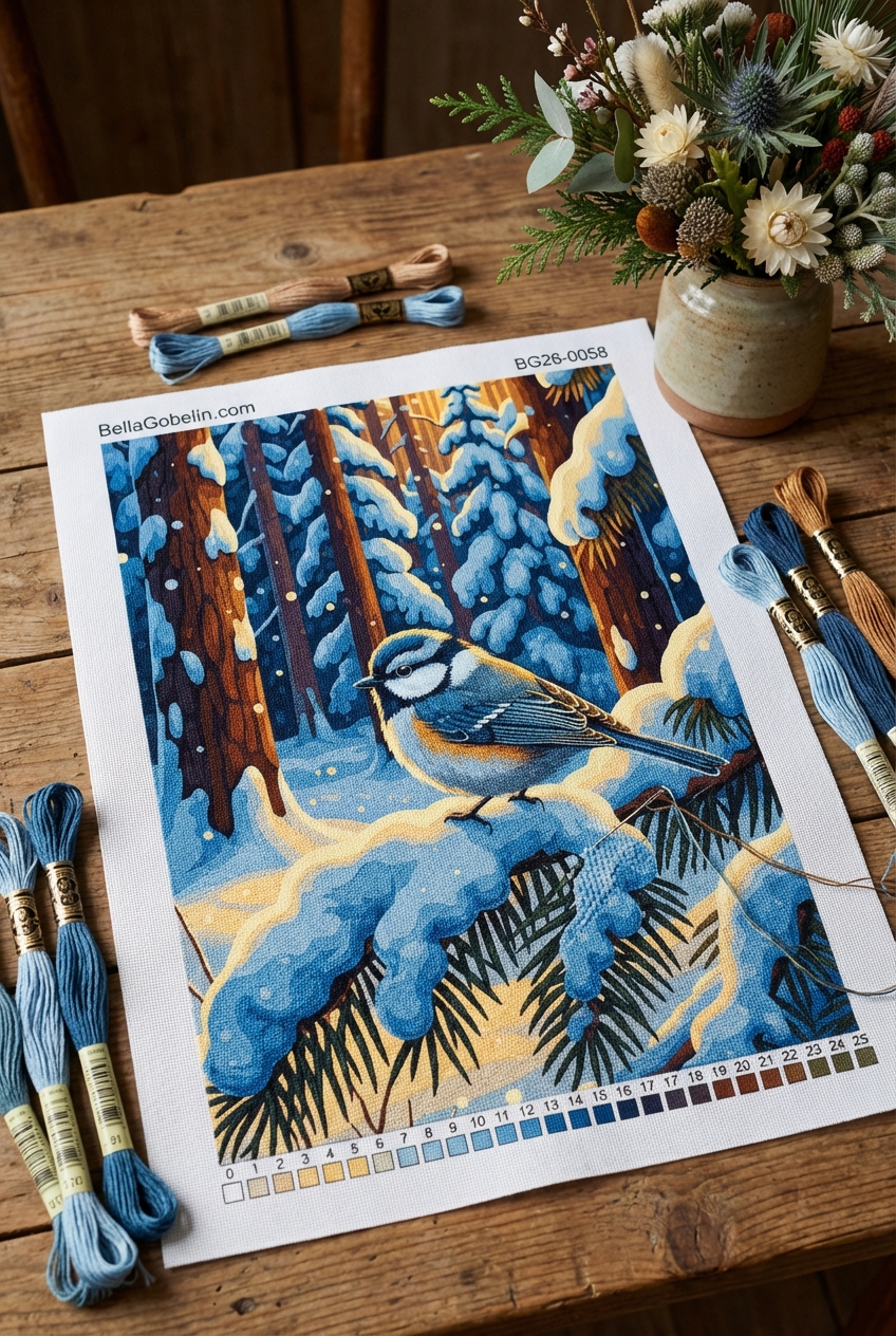 Winterschneeganz mit Vogel im Schnee