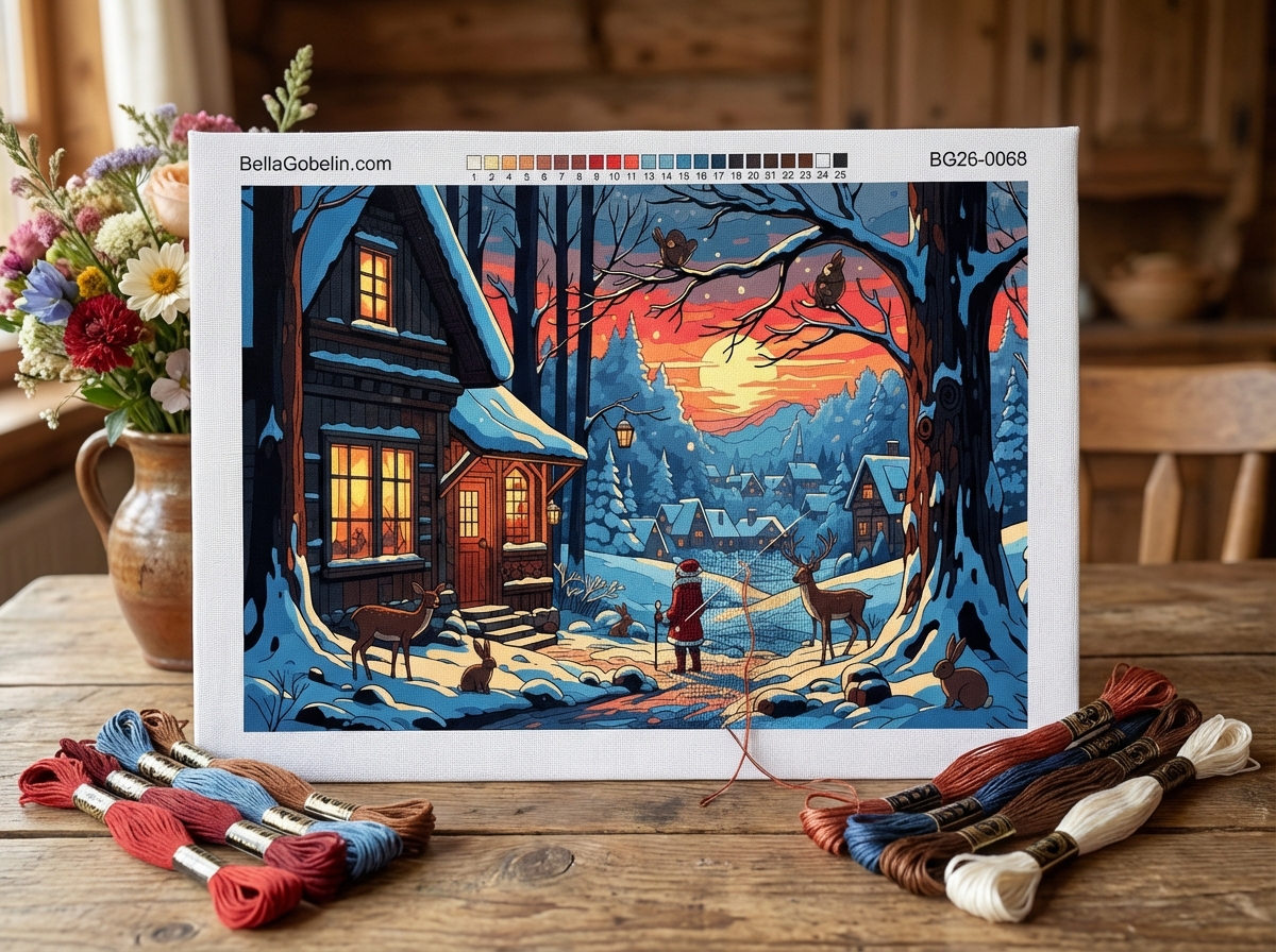 Winterlandschaft mit Nikolaus auf Gobelin-Canvas