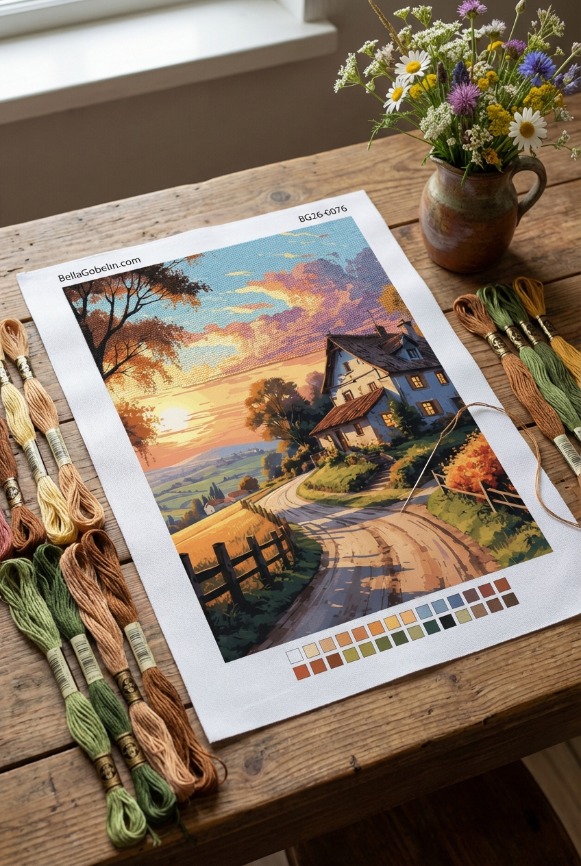 Landschaft bei Sonnenuntergang mit Gobelin-Design