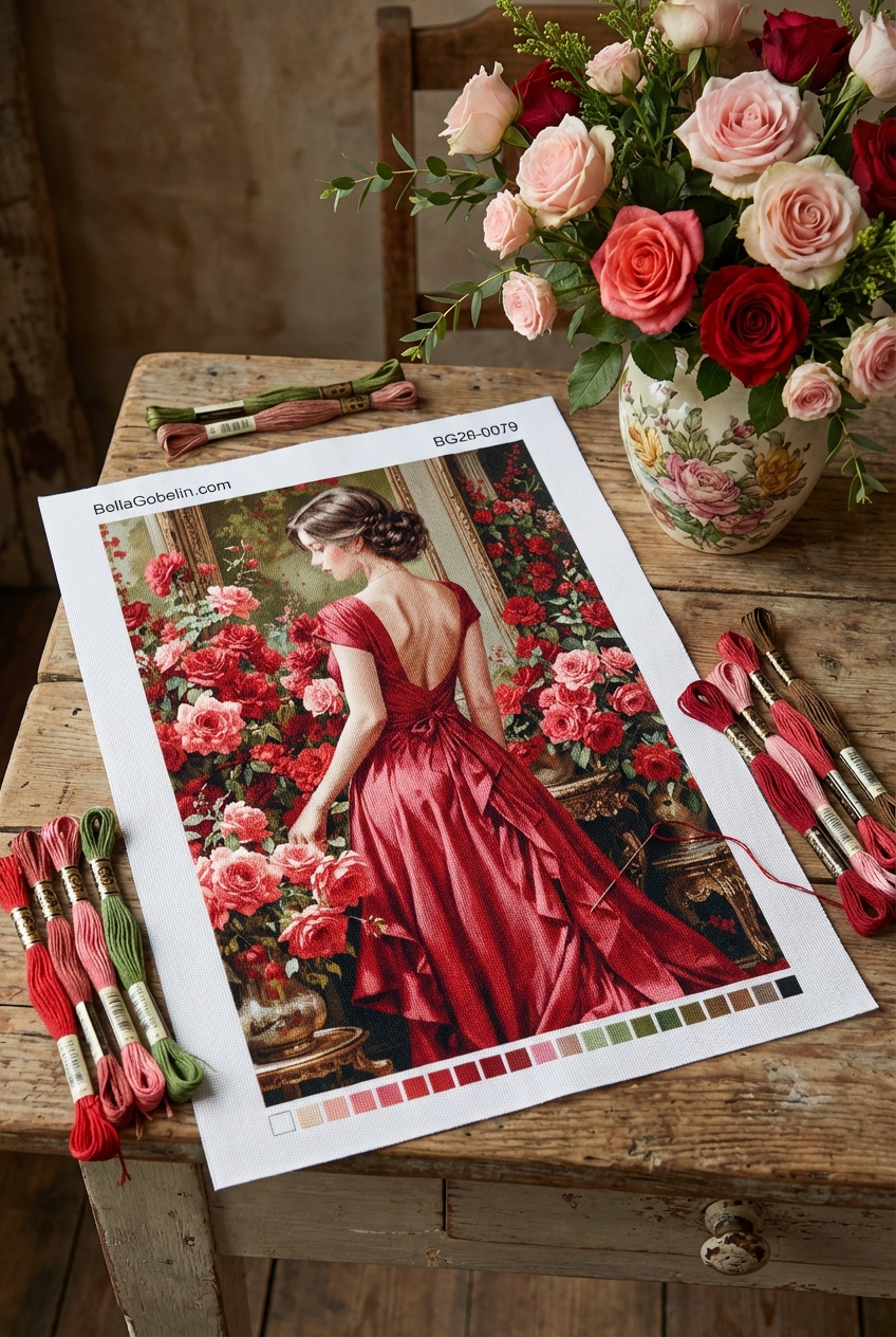 Frau in rotem Kleid mit Rosen