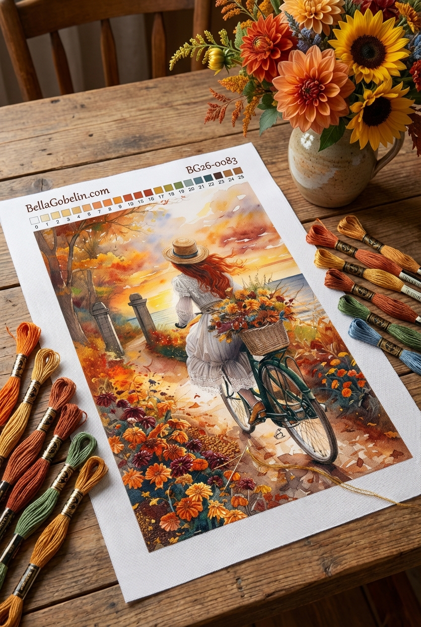 Herbstliches Landschaftsmotiv mit Fahrrad, auf Gobelin-Leinwand gestickt