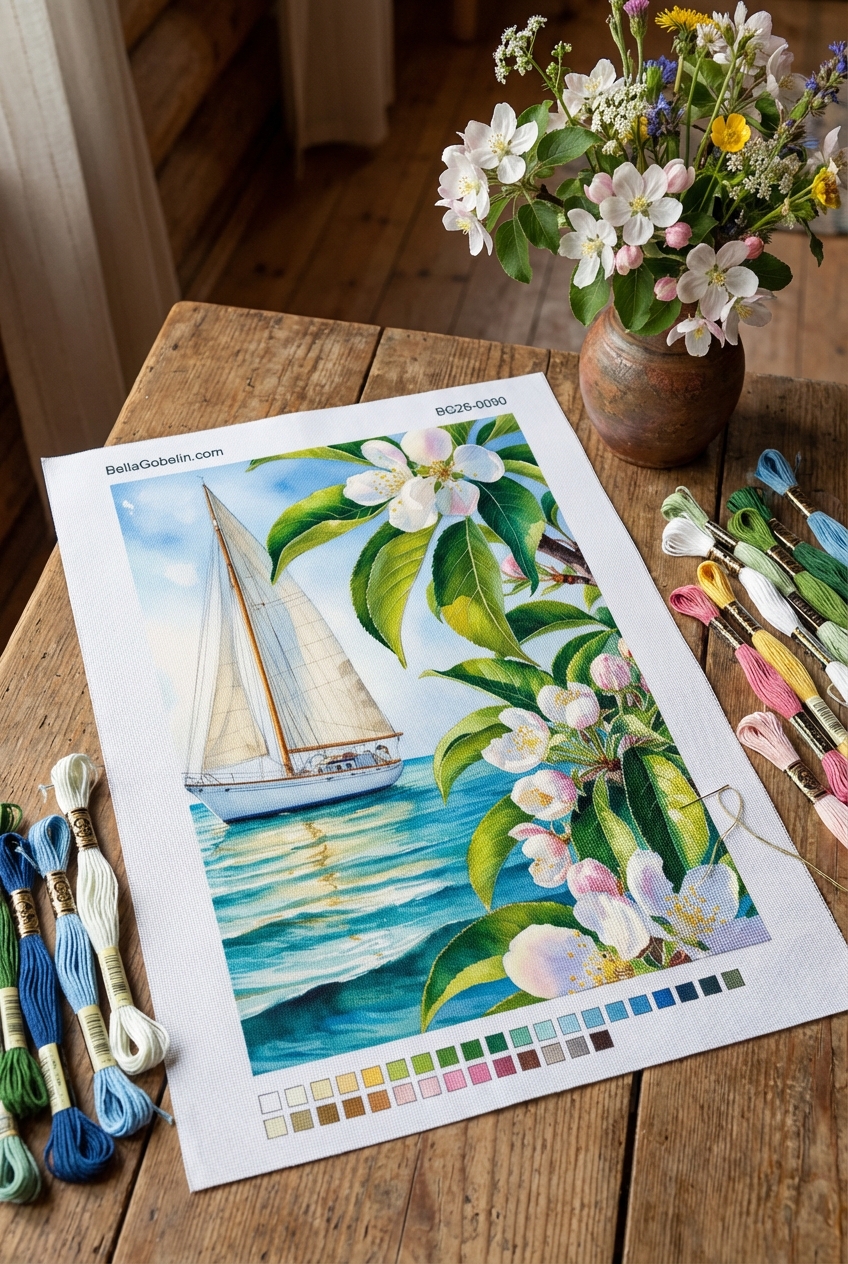 Segelboot mit Meeresmotive und Blumen, Küstenlandschaft