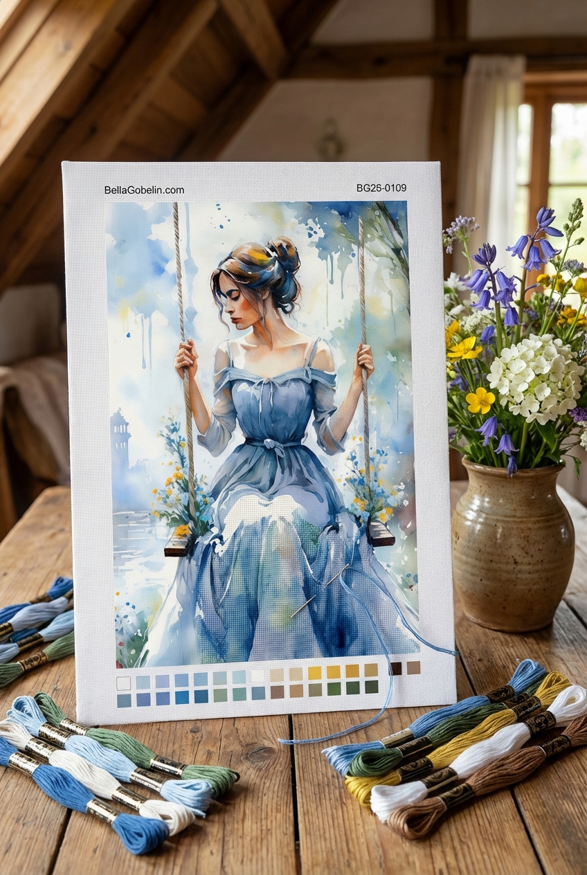 Mädchen auf der Schaukel mit Aquarell-Hintergrund