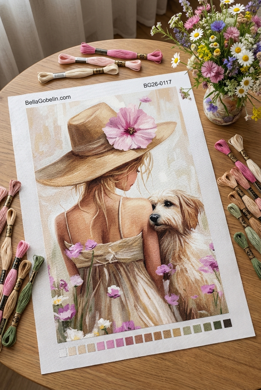 Mädchen mit Hund zwischen Blumen