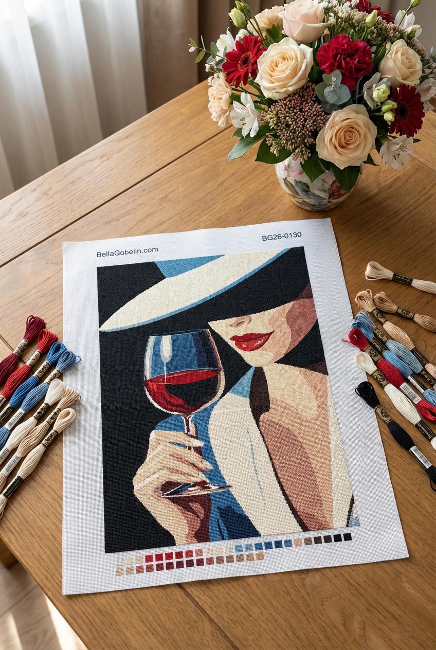 Frau mit Weinglas (Needlepoint-Teppich)