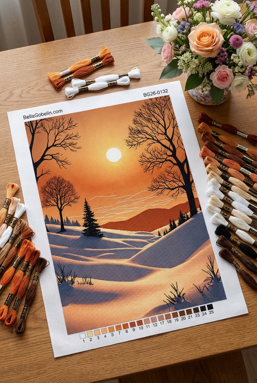 Winterlandschaft mit orangefarbener Himmelsgestaltung