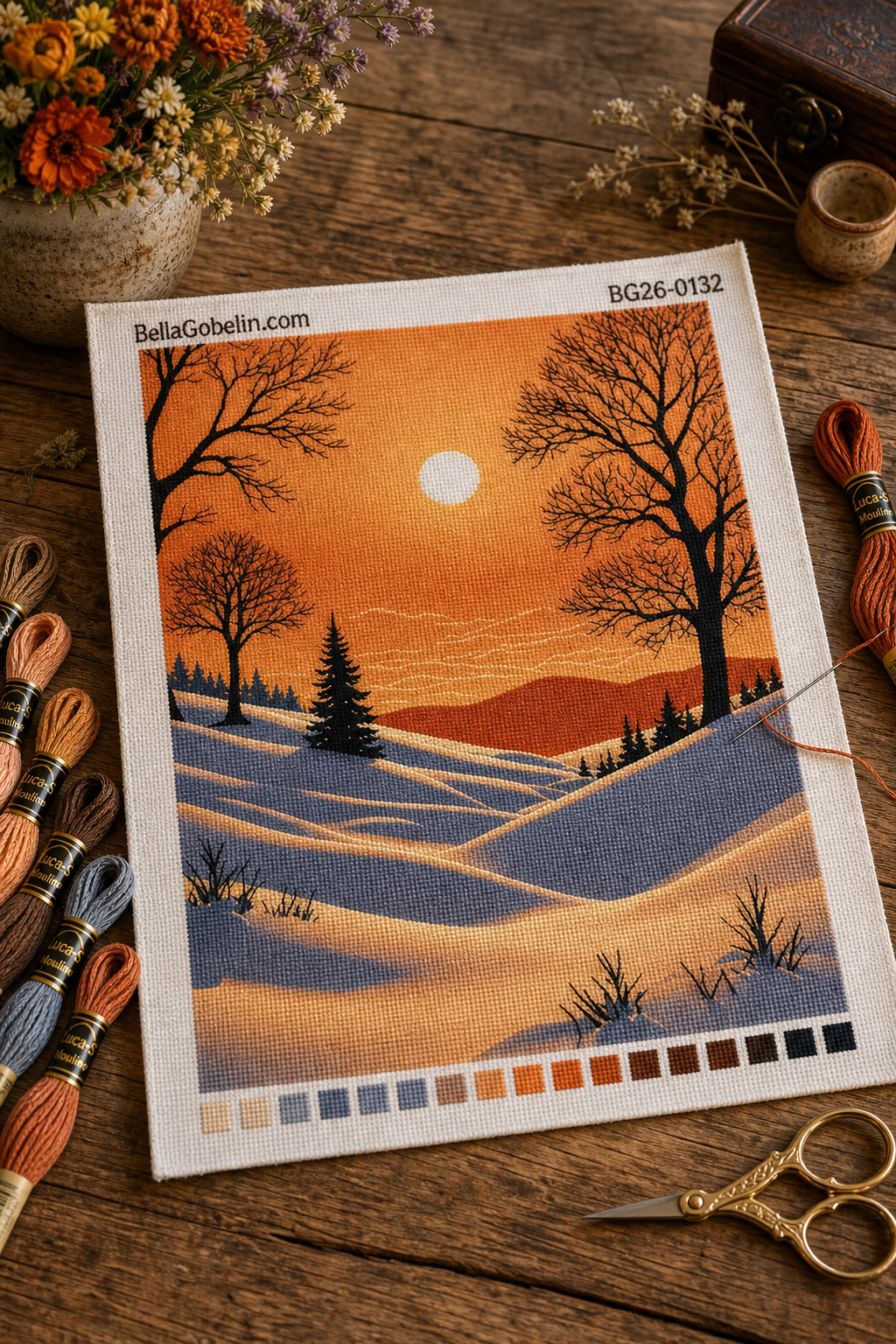 Winterlandschaft mit orangefarbener Himmelsgestaltung