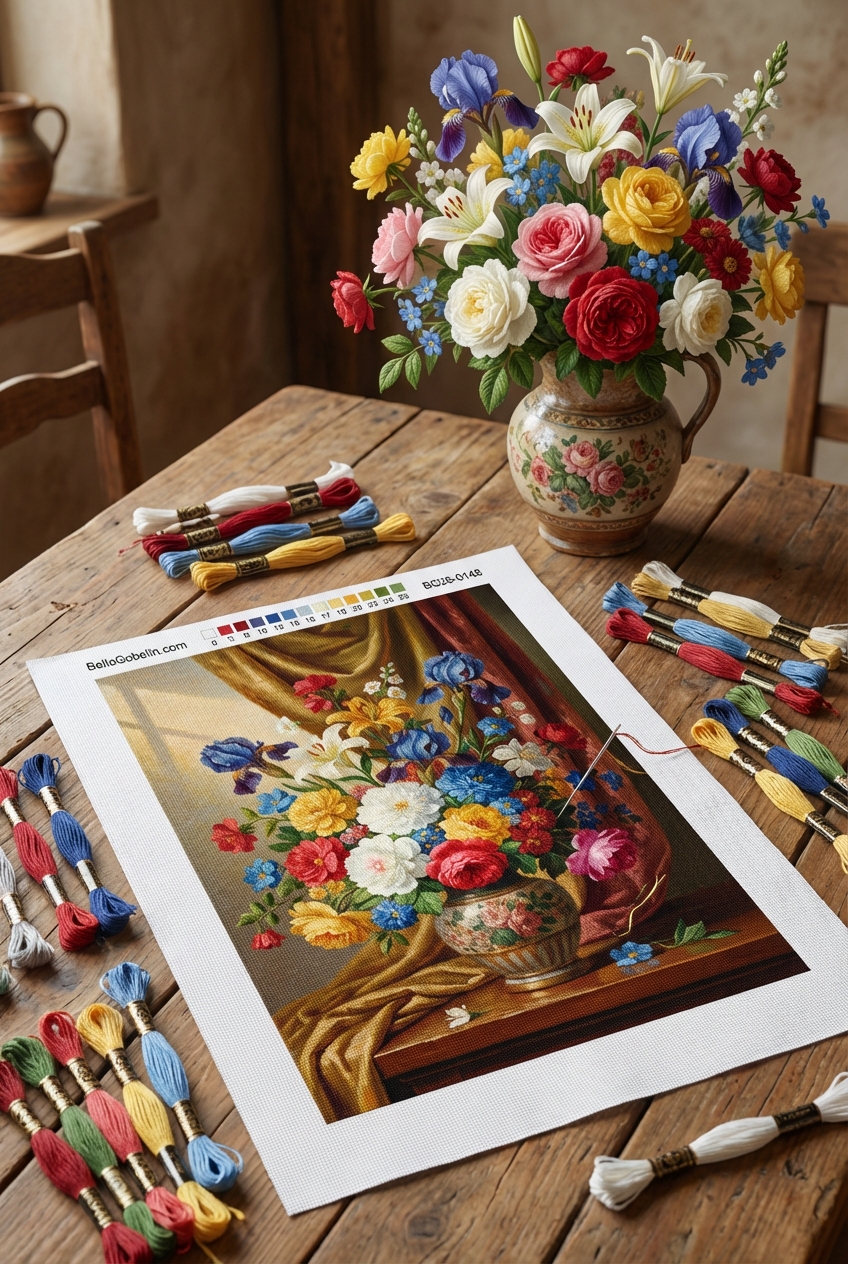 Blumenstillleben mit Drapierung