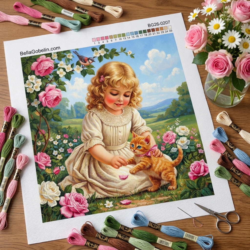 Mädchen, Kätzchen, Rosengarten, Idylle