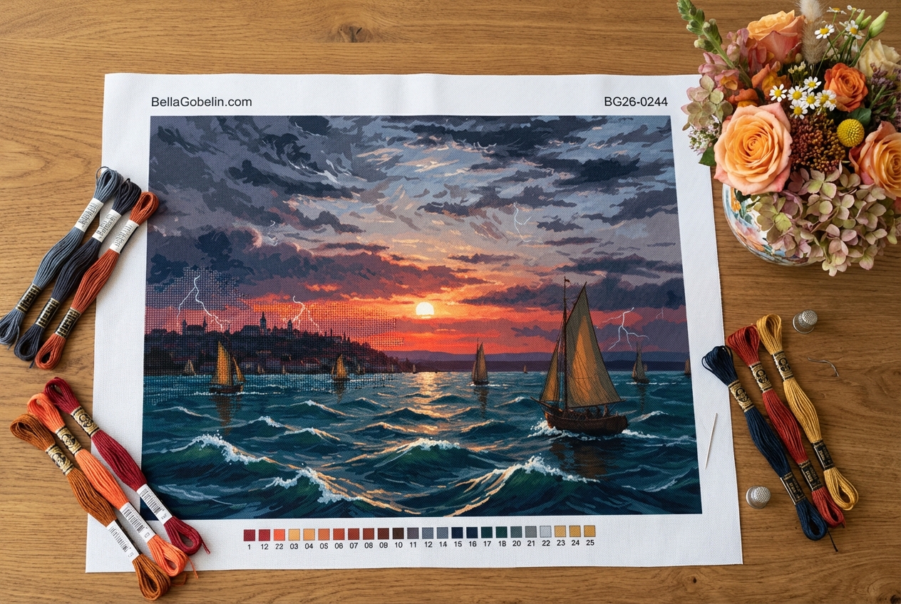 Stürmischer Sonnenuntergang mit Segelbooten