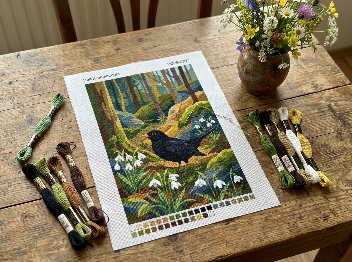 Amsel mit Schneeglöckchen im Wald