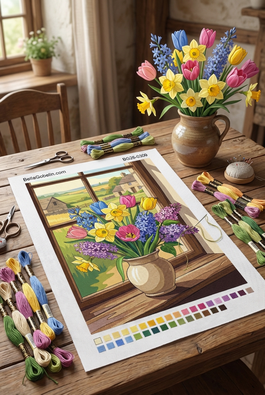 Ein bunter Blumenstrauß im Fenster