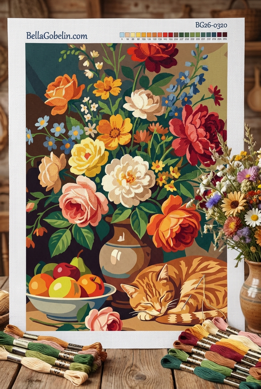 Stilleben mit Blumen und Katze – BG26-0320