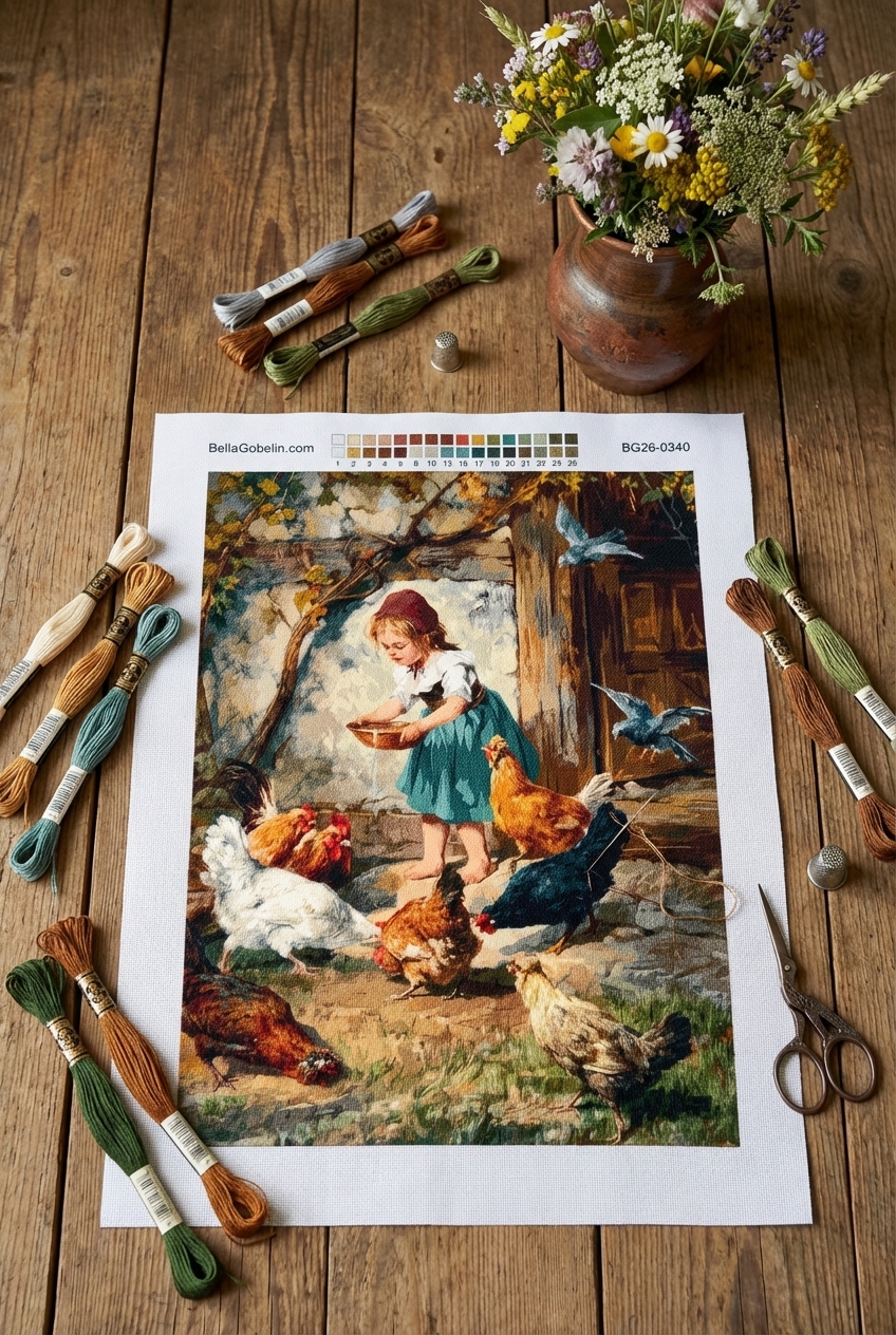 Kleines Mädchen im Hühnerhof - Gemälde von Montemezzo