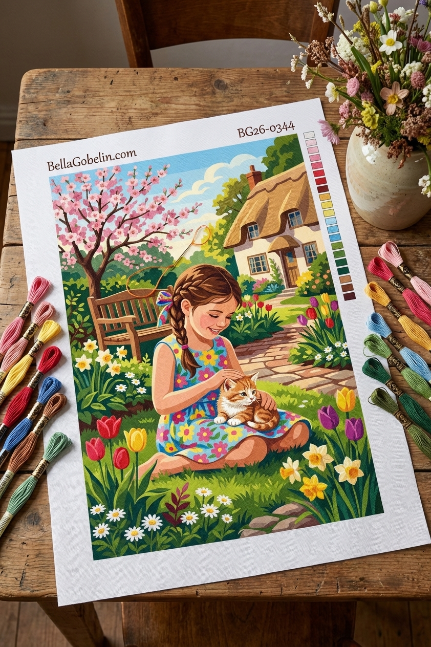 Mädchen mit Katze im Blumengarten