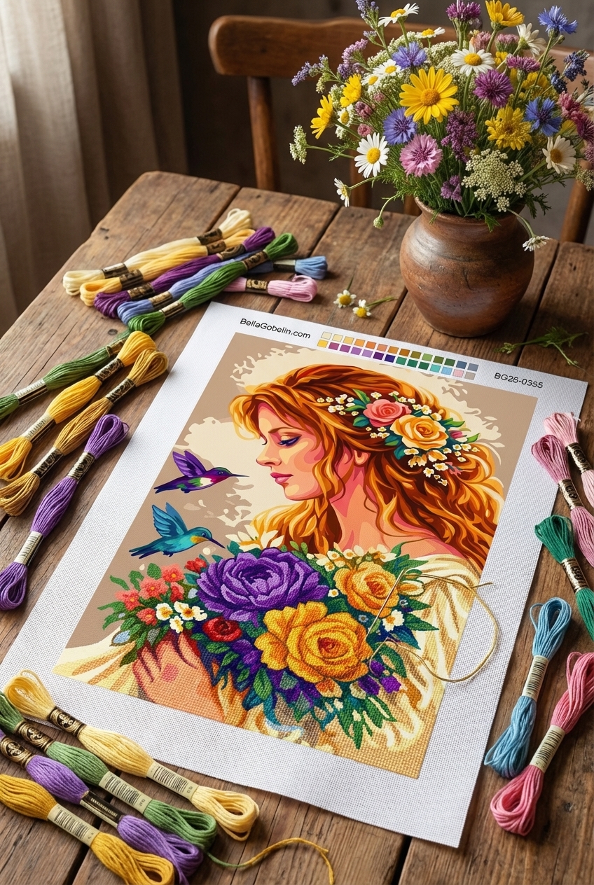 Dame mit Blumenstrauß und Kolibris