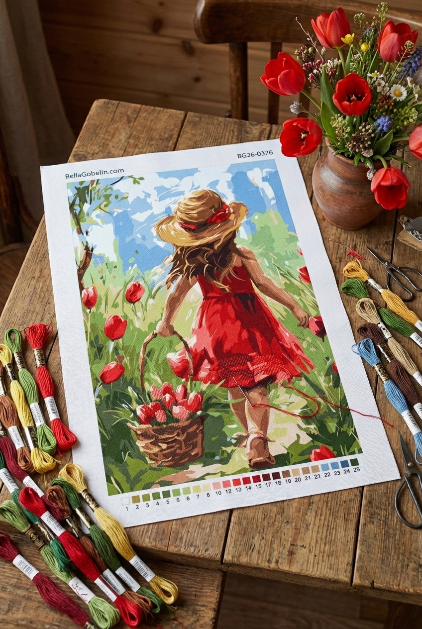 Mädchen mit Tulpen auf dem Feld