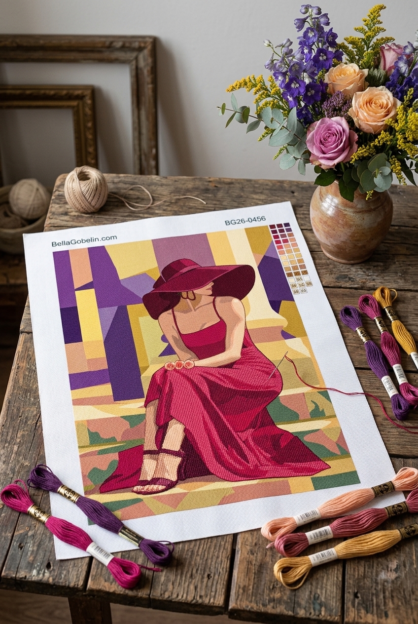Elegante Dame mit Hut – Version in violettem Kleid