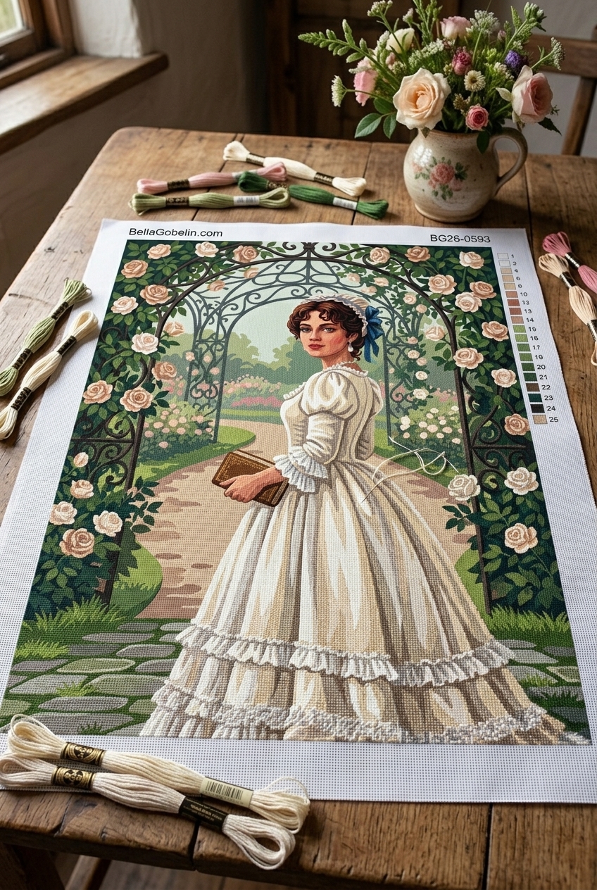 Dame im rosigen Garten