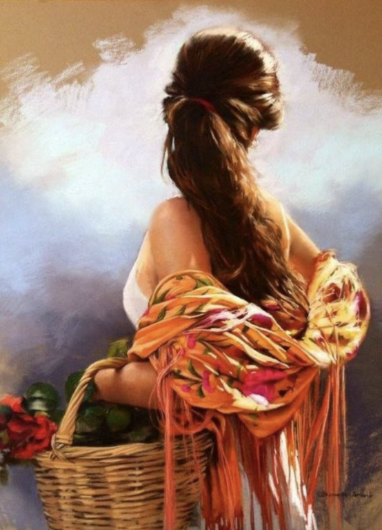 <div class='list-title'>Braunhaarige Dame mit einem Korb</div><div class='list-plustitle'>Gobelin Stickbild - Stickpackung</div>