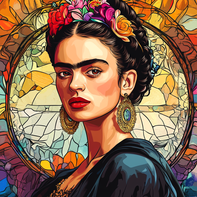 Frida Kahlo portré Alphonse Mucha stílusban