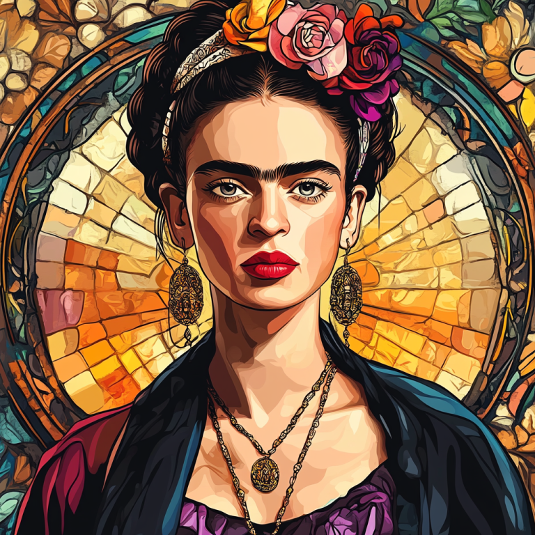 Frida Kahlo portré Alphonse Mucha stílusban