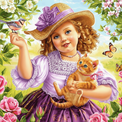 Mädchen im Garten mit einem Kätzchen