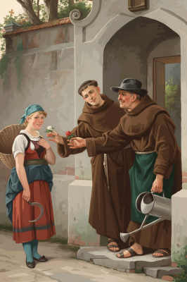 Freundliche Mönche verschenken Blumen