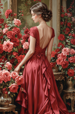 Frau in rotem Kleid mit Rosen