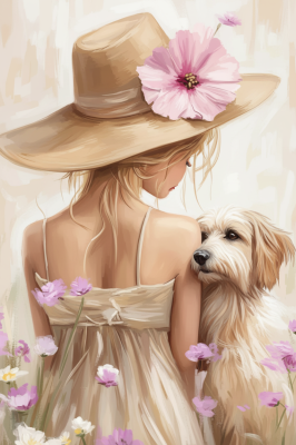 Mädchen mit Hund zwischen Blumen