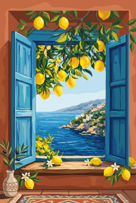 Mediterranes Fenster mit Zitronen (Gobelin)