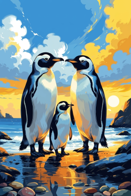 Pinguinfamilie beim Sticken