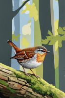 Kleiner Vogel am moosbedeckten Zweigart-Leinwand