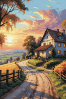 Landschaft bei Sonnenuntergang mit Gobelin-Design