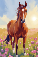 Pferd auf einem Blumenfeld in der Gobelin-Technik