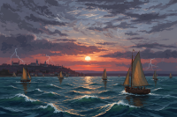 Stürmischer Sonnenuntergang mit Segelbooten